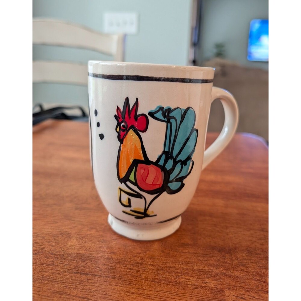 Signed Pottery Artist KUP Rooster Mug 5.5” Colorful Whimsical Coffee Tea Mug Cup